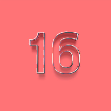 Realistic neon number 16 with shadow isolated on pink background. Vector illustration.