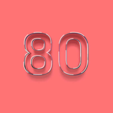 pink neon number 80 with shadow isolated on red background, 3d renderingの写真素材
