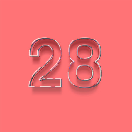 Number 28 with glass effect isolated on pink background. 3d rendering