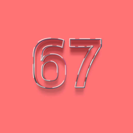 Neon number 67 with shadow and pink background, 3d renderingの写真素材