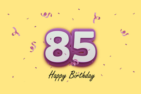 85th birthday celebration with pink number and confetti on yellow background. 3D Render