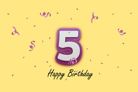 Celebration 5 years. 3d number with confetti and ribbons on a yellow background. Vector...