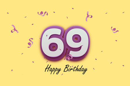 69 Years Birthday Celebration Design with Purple Number and Confetti on Yellow Background.