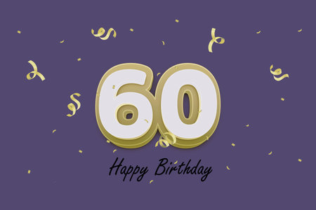 60th birthday celebration with gold confetti and ribbons. Vector illustration.