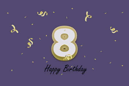 8th birthday celebration. Golden number eight with confetti on purple background. Vector...