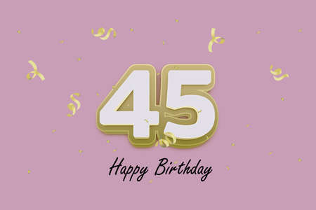 45 years birthday celebration with golden confetti and ribbons. 45th birthday party backgroundの写真素材