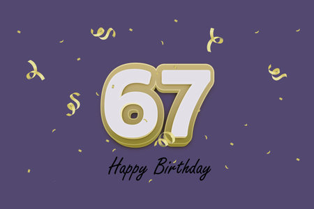 67 Years Birthday Celebration Design with Gold Number and Confetti on Purple Background.