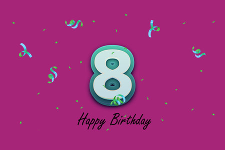 8th birthday greeting card with number eight and confetti. Vector illustration.