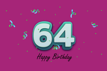 64 Years Birthday Celebration Design with Colorful Confetti and Ribbon. Vector Illustration