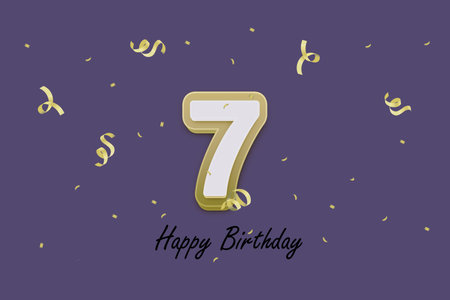 7 Year Birthday Celebration Design. Number 7 with Gold Ribbon and Confetti. Anniversary Vector...