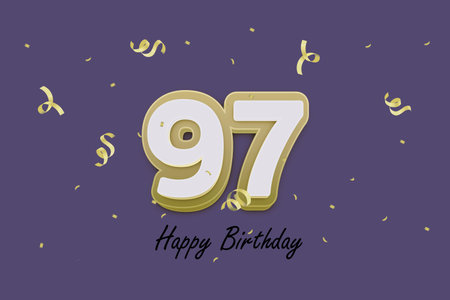 97 Years Birthday Celebration Design with Gold Number and Confetti on Purple Background.