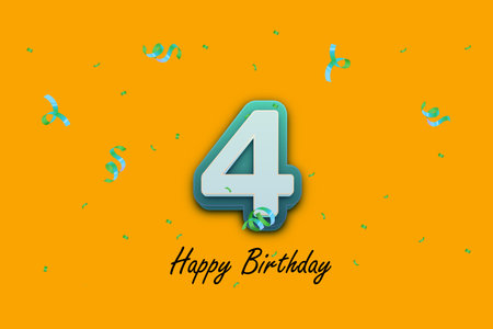 greeting card. Number 4 with green leaves and confetti on yellow background. Vector illustration.の写真素材