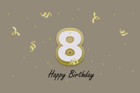 8th birthday greeting card with golden number eight and confetti.