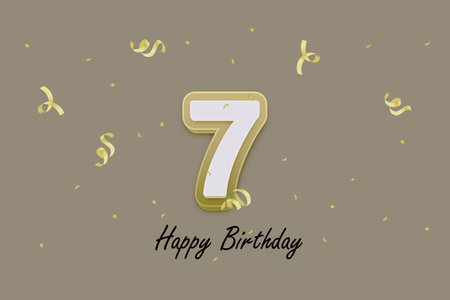 Happy Birthday 7 years anniversary celebration greeting card with number and confetti.