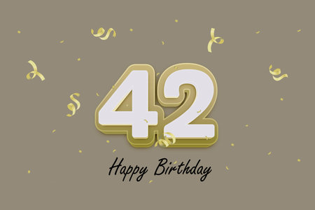 42nd birthday celebration background with confetti and gold numbers. 3D Render