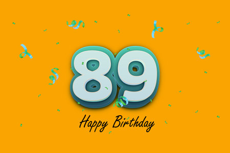 89 Years Birthday Celebration Design with Colorful Confetti and Streamers on Yellow Background.