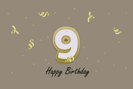 Happy Birthday 9 years. Number 9 with gold confetti on a gray background. Vector illustration.の写真素材