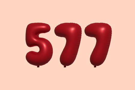 577 3d number balloon made of realistic metallic air balloon 3d rendering. 3D Red helium balloons...