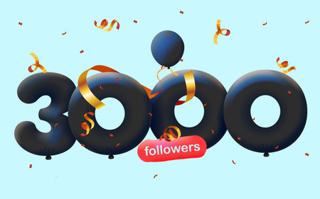 Banner with 3K followers thank you in form of 3d black balloons and colorful confetti. Vector...