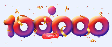 Banner with 100000 followers thank you in form of 3d red balloons and colorful confetti. Vector...
