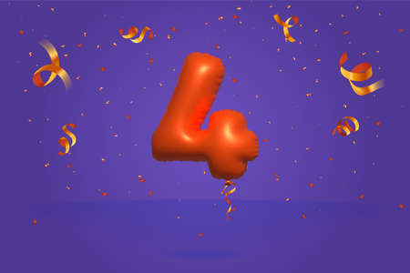 3d number 4 Sale off discount promotion made of realistic confetti Foil 3d Orange helium balloon vector. Illustration for selling poster, banner ads, shopping bag, gift box, birthday, anniversaryのイラスト素材
