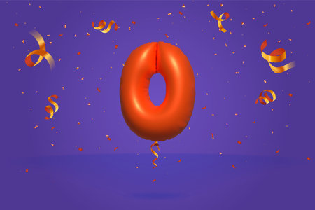 3d number 0 Sale off discount promotion made of realistic confetti Foil 3d Orange helium balloon vector. Illustration for selling poster, banner ads, shopping bag, gift box, birthday, anniversaryのイラスト素材