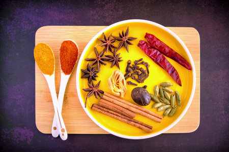Indian spices for cooking exotic curry flavors. Spices for cooking Asian food. Star anise, red...