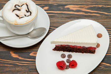 Chocolate cake with cherries and curd creamの写真素材