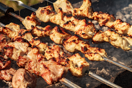 Kebabs on the grill smokeの写真素材