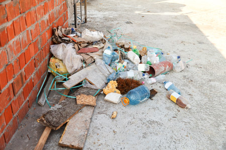 Construction waste on the roof of the house under construction. Outdoors