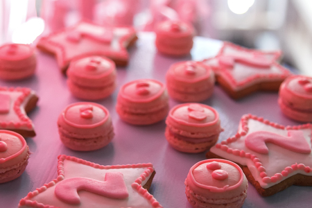 Delicious cupcakes with colored sugar mastic and decorの写真素材