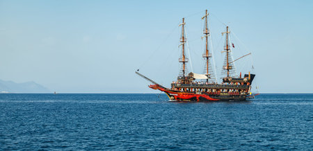 Kemer, Turkey, October 17 2018 pleasure tourist pirate ship in the Mediterraneanのeditorial素材