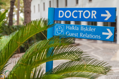 Blue signs with information about finding objects in the tourist area. Close-upの写真素材