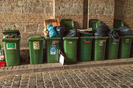 Green plastic garbage containers filled with trash on top