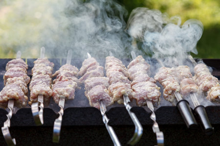 Juicy slices of meat with sauce and chopped vegetables cook on fire