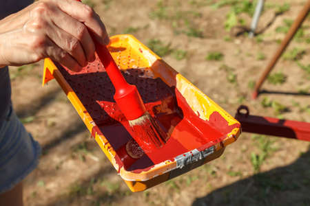 Metal construction for further use in the vineyard. The pipes are painted red with primer. Metal protection from moisture.の写真素材