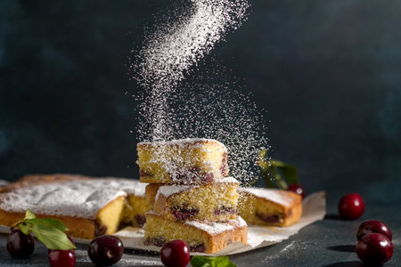 Powdered sugar decorates sponge cake with a cherry on a dark background. homemade cooking