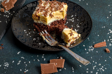 Chocolate cake with coconut shavings. Pieces of coconut cake on a dark backgroundの写真素材