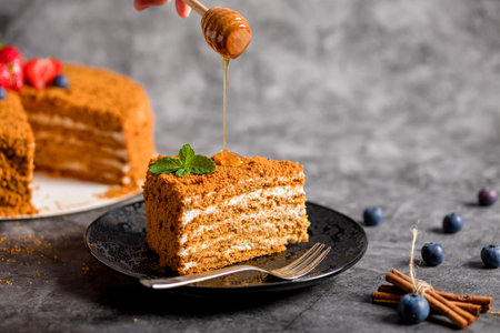 Honey cake. Homemade baking concept. Slit and slice of cake. Homemade layered honey cakeの写真素材