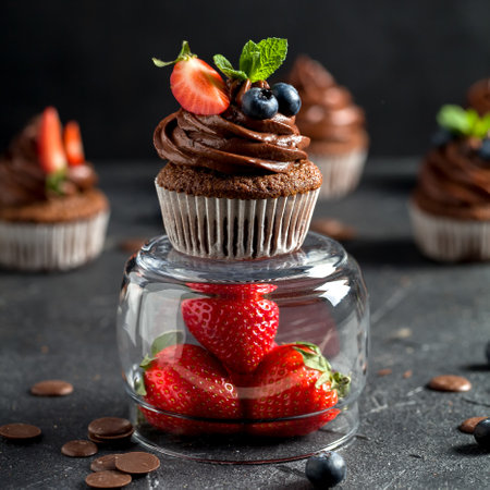 Chocolate cupcakes. Freshly baked homemade cupcakes with fresh blueberries, strawberries and mint leaves on dark background. Homemade baking concept. Soft focusの写真素材