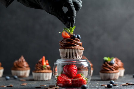 Chocolate cupcakes. Freshly baked homemade cupcakes with fresh blueberries, strawberries and mint leaves on dark background. Homemade baking concept. Soft focusの写真素材