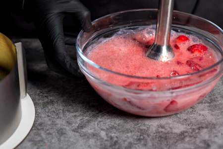 Beat strawberries with sugar in a blender. close upの写真素材