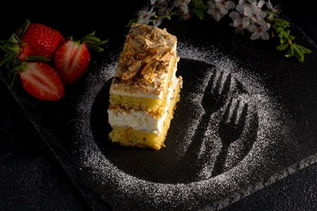 Norwegian cake. With meringue, whipped cream and almonds. Dark background.