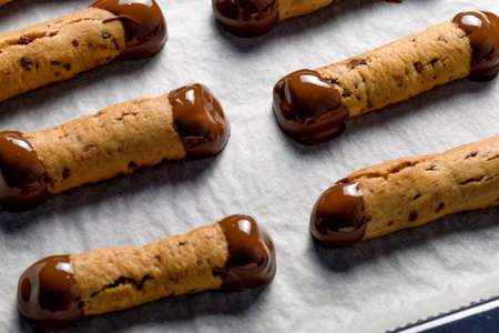 Sticks shortbread dipped in chocolate. Home made cookies.の写真素材