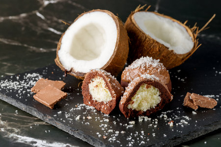 Delicious homemade chocolate coconut cookies, close-up.の写真素材