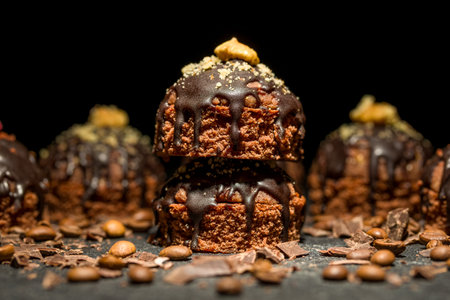 Round chocolate cakes. Dark background.の写真素材