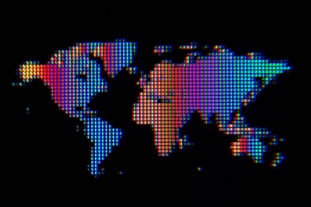 A macro shot of original rainbow-colored world map graphic on a computer screen with a black background and visible pixels  All graphics used are original の写真素材