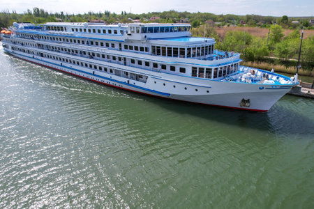 A cruise liner with tourists is being locked in the Volga-Don Shipping Canal named after Lenin. Volgograd. Russiaのeditorial素材
