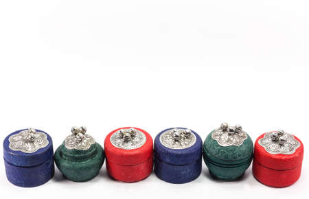 mini wooden handmade caskets on white background, souvenir of Chiengmai, Thailandの写真素材