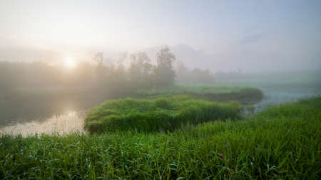Landscape. Dawn, fog, riverの写真素材
